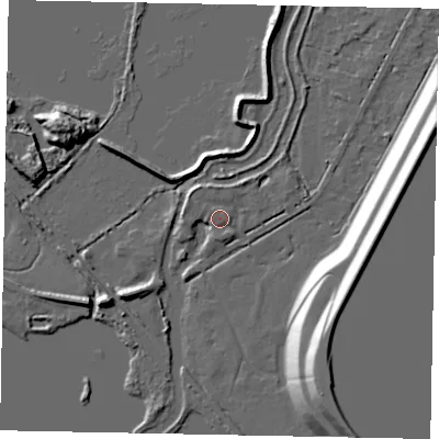 Shaded relief map of the ground around TW195LY, computed from Environment Agency LiDAR. The ground here sits at about 18 m above sea level and falls 18 m across the surrounding 800 m. Surface water reaching this point runs off ground lying to the north-west, 1.4 m higher.