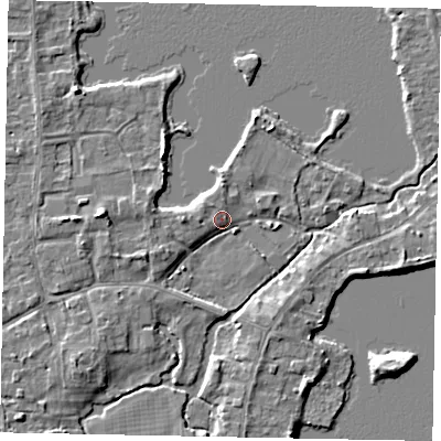 Shaded relief map of the ground around TW195NA, computed from Environment Agency LiDAR. The ground here sits at about 17 m above sea level and falls 5 m across the surrounding 800 m. Surface water reaching this point runs off ground lying to the west, 4.2 m higher.