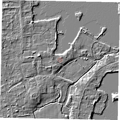 Shaded relief map of the ground around TW195NB, computed from Environment Agency LiDAR. The ground here sits at about 17 m above sea level and falls 5 m across the surrounding 800 m. Surface water reaching this point runs off ground lying to the west, 2.8 m higher.