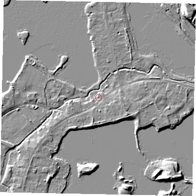 Shaded relief map of the ground around TW195ND, computed from Environment Agency LiDAR. The ground here sits at about 17 m above sea level and falls 9 m across the surrounding 800 m. Surface water reaching this point runs off ground lying to the south, 1.8 m higher.