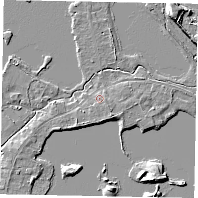 Shaded relief map of the ground around TW195NE, computed from Environment Agency LiDAR. The ground here sits at about 18 m above sea level and falls 9 m across the surrounding 800 m. Surface water reaching this point runs off ground lying to the south-east, 1.8 m higher.