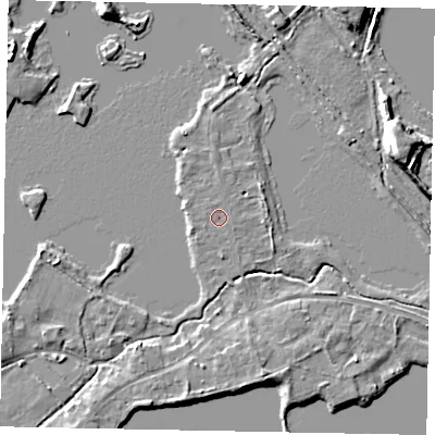 Shaded relief map of the ground around TW195NF, computed from Environment Agency LiDAR. The ground here sits at about 17 m above sea level and falls 9 m across the surrounding 800 m. The ground contributing surface water to this point lies to the west-south-west.