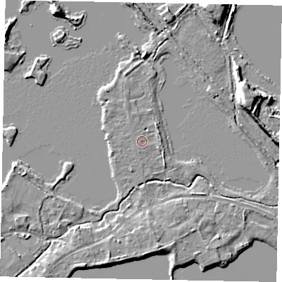 Shaded relief map of the ground around TW195NG, computed from Environment Agency LiDAR. The ground here sits at about 17 m above sea level and falls 9 m across the surrounding 800 m. The ground contributing surface water to this point lies to the south-south-west.