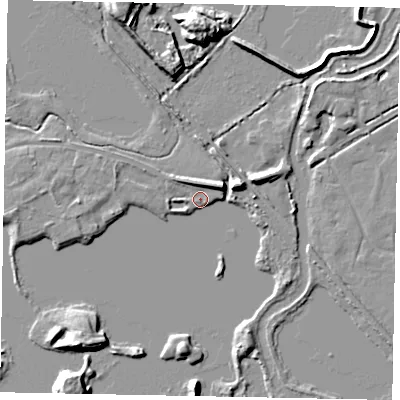 Shaded relief map of the ground around TW195NH, computed from Environment Agency LiDAR. The ground here sits at about 17 m above sea level and falls 10 m across the surrounding 800 m. Surface water reaching this point runs off ground lying to the east-north-east, 5.4 m higher.