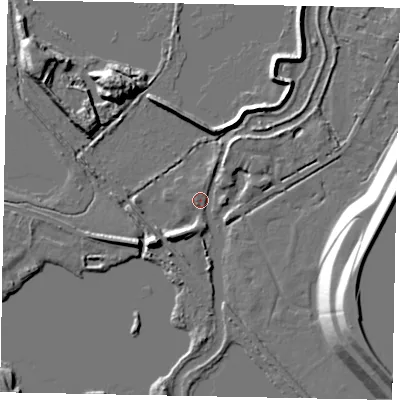 Shaded relief map of the ground around TW195NJ, computed from Environment Agency LiDAR. The ground here sits at about 17 m above sea level and falls 18 m across the surrounding 800 m. Surface water reaching this point runs off ground lying to the north-north-east, 2.8 m higher.
