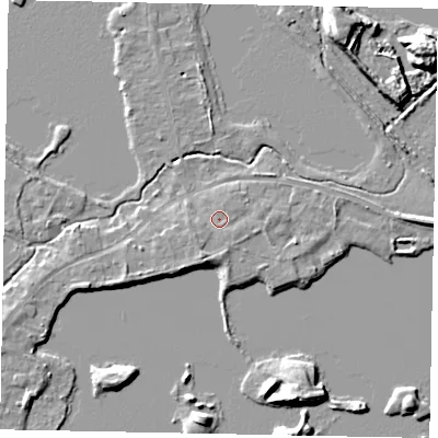Shaded relief map of the ground around TW195NL, computed from Environment Agency LiDAR. The ground here sits at about 17 m above sea level and falls 10 m across the surrounding 800 m. Surface water reaching this point runs off ground lying to the south-south-west, 1.9 m higher.