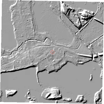 Shaded relief map of the ground around TW195NN, computed from Environment Agency LiDAR. The ground here sits at about 17 m above sea level and falls 10 m across the surrounding 800 m. Surface water reaching this point runs off ground lying to the south-west, 1.0 m higher.