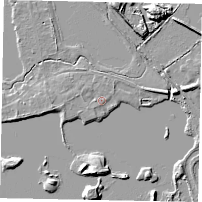 Shaded relief map of the ground around TW195NQ, computed from Environment Agency LiDAR. The ground here sits at about 18 m above sea level and falls 10 m across the surrounding 800 m. Surface water reaching this point runs off ground lying to the south-west, 1.4 m higher.