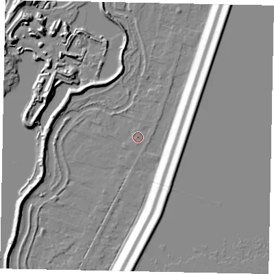Shaded relief map of the ground around TW195NS, computed from Environment Agency LiDAR. The ground here sits at about 18 m above sea level and falls 16 m across the surrounding 800 m. Surface water reaching this point runs off ground lying to the north-east, 1.2 m higher.