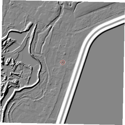 Shaded relief map of the ground around TW195NT, computed from Environment Agency LiDAR. The ground here sits at about 18 m above sea level and falls 16 m across the surrounding 800 m. Surface water reaching this point runs off ground lying to the east-north-east, 15.2 m higher.