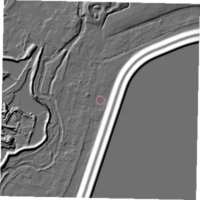Shaded relief map of the ground around TW195NU, computed from Environment Agency LiDAR. The ground here sits at about 18 m above sea level and falls 16 m across the surrounding 800 m. Surface water reaching this point runs off ground lying to the east-north-east, 14.8 m higher.
