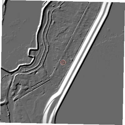 Shaded relief map of the ground around TW195NW, computed from Environment Agency LiDAR. The ground here sits at about 17 m above sea level and falls 17 m across the surrounding 800 m. Surface water reaching this point runs off ground lying to the north, 0.9 m higher.
