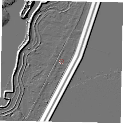 Shaded relief map of the ground around TW195NX, computed from Environment Agency LiDAR. The ground here sits at about 17 m above sea level and falls 17 m across the surrounding 800 m. Surface water reaching this point runs off ground lying to the east-south-east, 16.0 m higher.