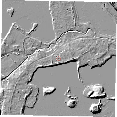 Shaded relief map of the ground around TW195NY, computed from Environment Agency LiDAR. The ground here sits at about 18 m above sea level and falls 9 m across the surrounding 800 m. Surface water reaching this point runs off ground lying to the south-south-west, 1.2 m higher.