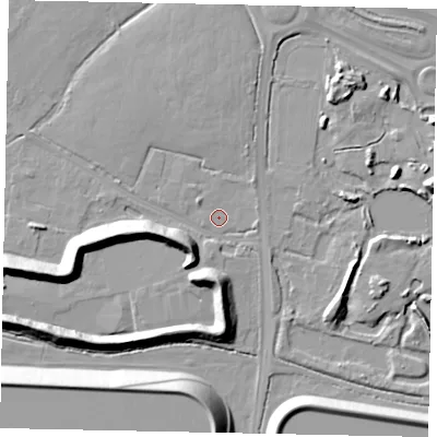 Shaded relief map of the ground around TW196AE, computed from Environment Agency LiDAR. The ground here sits at about 20 m above sea level and falls 13 m across the surrounding 800 m. Surface water reaching this point runs off ground lying to the north-east, 2.0 m higher.