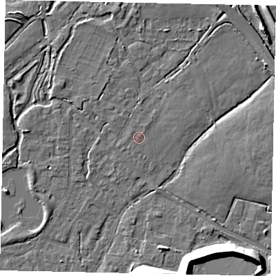 Shaded relief map of the ground around TW196AG, computed from Environment Agency LiDAR. The ground here sits at about 20 m above sea level and falls 11 m across the surrounding 800 m. The ground contributing surface water to this point lies to the north-north-east.