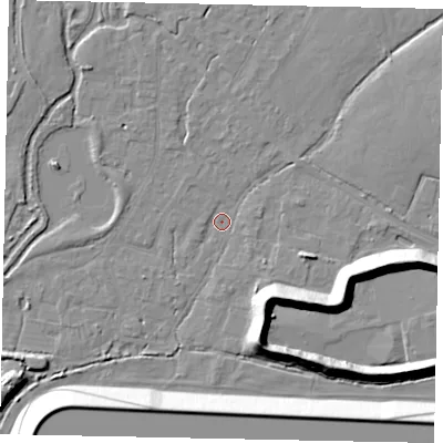 Shaded relief map of the ground around TW196AJ, computed from Environment Agency LiDAR. The ground here sits at about 19 m above sea level and falls 14 m across the surrounding 800 m. Surface water reaching this point runs off ground lying to the south-east, 11.0 m higher.