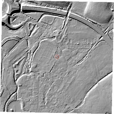 Shaded relief map of the ground around TW196BD, computed from Environment Agency LiDAR. The ground here sits at about 20 m above sea level and falls 10 m across the surrounding 800 m. Surface water reaching this point runs off ground lying to the south-south-east, 1.1 m higher.