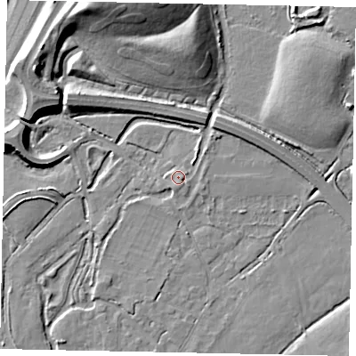Shaded relief map of the ground around TW196BF, computed from Environment Agency LiDAR. The ground here sits at about 21 m above sea level and falls 17 m across the surrounding 800 m. Surface water reaching this point runs off ground lying to the east, 1.8 m higher.