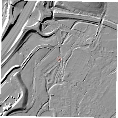 Shaded relief map of the ground around TW196BG, computed from Environment Agency LiDAR. The ground here sits at about 20 m above sea level and falls 11 m across the surrounding 800 m. Surface water reaching this point runs off ground lying to the east-north-east, 1.9 m higher.