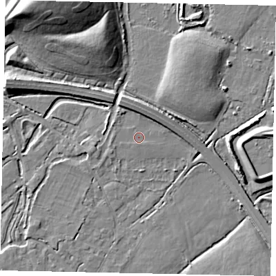 Shaded relief map of the ground around TW196BN, computed from Environment Agency LiDAR. The ground here sits at about 21 m above sea level and falls 18 m across the surrounding 800 m. Surface water reaching this point runs off ground lying to the north, 2.8 m higher.