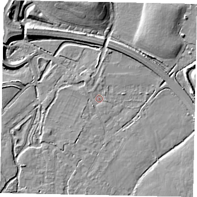 Shaded relief map of the ground around TW196BQ, computed from Environment Agency LiDAR. The ground here sits at about 20 m above sea level and falls 12 m across the surrounding 800 m. Surface water reaching this point runs off ground lying to the north, 2.0 m higher.