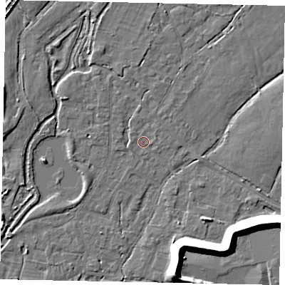 Shaded relief map of the ground around TW196BX, computed from Environment Agency LiDAR. The ground here sits at about 19 m above sea level and falls 12 m across the surrounding 800 m. Surface water reaching this point runs off ground lying to the north-east, 0.9 m higher.