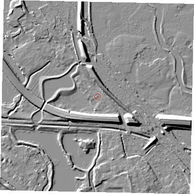 Shaded relief map of the ground around TW196EA, computed from Environment Agency LiDAR. The ground here sits at about 16 m above sea level and falls 10 m across the surrounding 800 m. Surface water reaching this point runs off ground lying to the south-east, 7.1 m higher.
