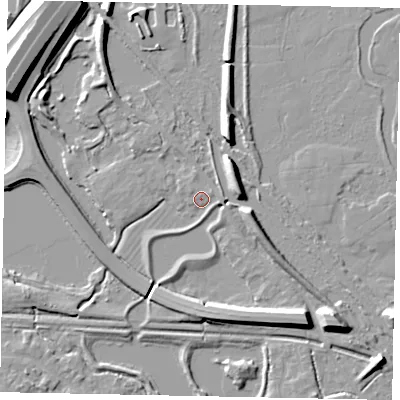 Shaded relief map of the ground around TW196EB, computed from Environment Agency LiDAR. The ground here sits at about 16 m above sea level and falls 12 m across the surrounding 800 m. Surface water reaching this point runs off ground lying to the east-north-east, 2.0 m higher.