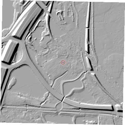 Shaded relief map of the ground around TW196ED, computed from Environment Agency LiDAR. The ground here sits at about 16 m above sea level and falls 12 m across the surrounding 800 m. Surface water reaching this point runs off ground lying to the north-west, 10.6 m higher.