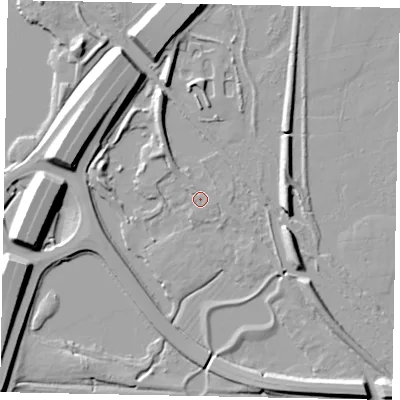 Shaded relief map of the ground around TW196EE, computed from Environment Agency LiDAR. The ground here sits at about 16 m above sea level and falls 11 m across the surrounding 800 m. Surface water reaching this point runs off ground lying to the south-south-west, 1.4 m higher.