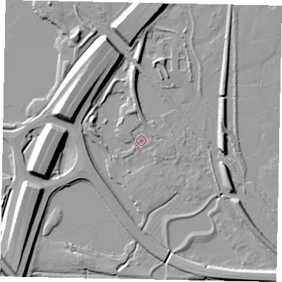 Shaded relief map of the ground around TW196EF, computed from Environment Agency LiDAR. The ground here sits at about 16 m above sea level and falls 11 m across the surrounding 800 m. Surface water reaching this point runs off ground lying to the west-north-west, 10.6 m higher.