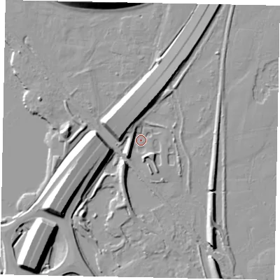 Shaded relief map of the ground around TW196EG, computed from Environment Agency LiDAR. The ground here sits at about 16 m above sea level and falls 12 m across the surrounding 800 m. Surface water reaching this point runs off ground lying to the south-west, 6.0 m higher.