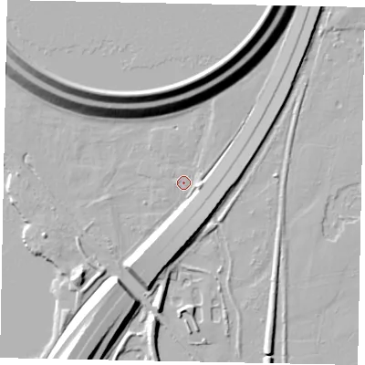 Shaded relief map of the ground around TW196EQ, computed from Environment Agency LiDAR. The ground here sits at about 17 m above sea level and falls 19 m across the surrounding 800 m. Surface water reaching this point runs off ground lying to the north, 17.2 m higher.
