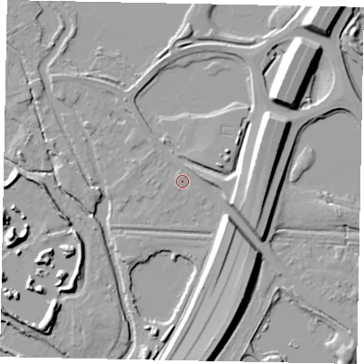 Shaded relief map of the ground around TW196HA, computed from Environment Agency LiDAR. The ground here sits at about 16 m above sea level and falls 14 m across the surrounding 800 m. Surface water reaching this point runs off ground lying to the east-north-east, 2.1 m higher.