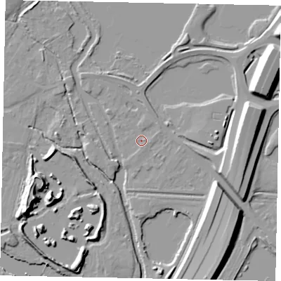 Shaded relief map of the ground around TW196HD, computed from Environment Agency LiDAR. The ground here sits at about 16 m above sea level and falls 16 m across the surrounding 800 m. Surface water reaching this point runs off ground lying to the east-south-east, 1.1 m higher.