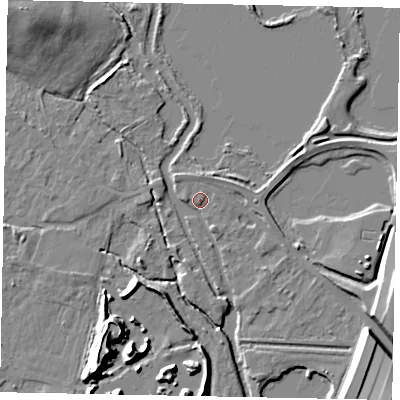 Shaded relief map of the ground around TW196HE, computed from Environment Agency LiDAR. The ground here sits at about 16 m above sea level and falls 15 m across the surrounding 800 m. Surface water reaching this point runs off ground lying to the north-west, 12.0 m higher.