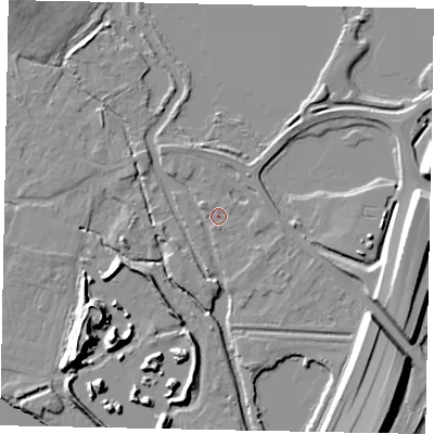 Shaded relief map of the ground around TW196HF, computed from Environment Agency LiDAR. The ground here sits at about 16 m above sea level and falls 15 m across the surrounding 800 m. Surface water reaching this point runs off ground lying to the north-west, 2.8 m higher.
