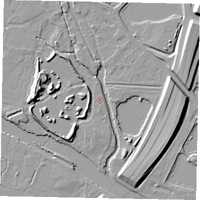 Shaded relief map of the ground around TW196HG, computed from Environment Agency LiDAR. The ground here sits at about 15 m above sea level and falls 16 m across the surrounding 800 m. Surface water reaching this point runs off ground lying to the south, 3.8 m higher.