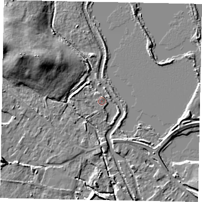 Shaded relief map of the ground around TW196HN, computed from Environment Agency LiDAR. The ground here sits at about 16 m above sea level and falls 14 m across the surrounding 800 m. Surface water reaching this point runs off ground lying to the west-north-west, 3.6 m higher.