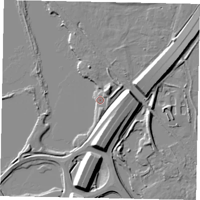 Shaded relief map of the ground around TW196HW, computed from Environment Agency LiDAR. The ground here sits at about 16 m above sea level and falls 11 m across the surrounding 800 m. Surface water reaching this point runs off ground lying to the north-east, 4.1 m higher.
