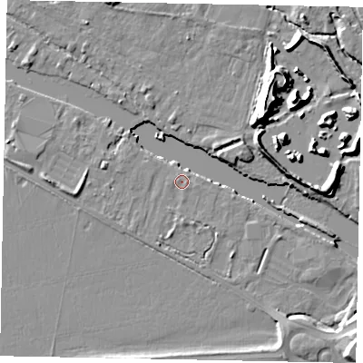 Shaded relief map of the ground around TW200AA, computed from Environment Agency LiDAR. The ground here sits at about 15 m above sea level and falls 16 m across the surrounding 800 m. Surface water reaching this point runs off ground lying to the east, 0.7 m higher.