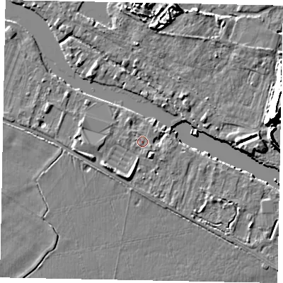 Shaded relief map of the ground around TW200AB, computed from Environment Agency LiDAR. The ground here sits at about 16 m above sea level and falls 15 m across the surrounding 800 m. Surface water reaching this point runs off ground lying to the south-west, 2.8 m higher.