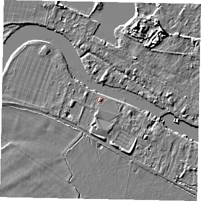 Shaded relief map of the ground around TW200AD, computed from Environment Agency LiDAR. The ground here sits at about 16 m above sea level and falls 9 m across the surrounding 800 m. Surface water reaching this point runs off ground lying to the south, 2.0 m higher.