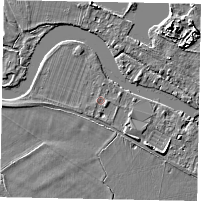 Shaded relief map of the ground around TW200AE, computed from Environment Agency LiDAR. The ground here sits at about 15 m above sea level and falls 9 m across the surrounding 800 m. Surface water reaching this point runs off ground lying to the east-south-east, 1.6 m higher.
