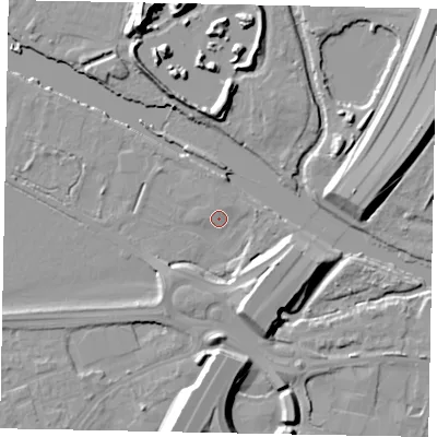 Shaded relief map of the ground around TW200AG, computed from Environment Agency LiDAR. The ground here sits at about 16 m above sea level and falls 16 m across the surrounding 800 m. Surface water reaching this point runs off ground lying to the south-south-east, 9.5 m higher.