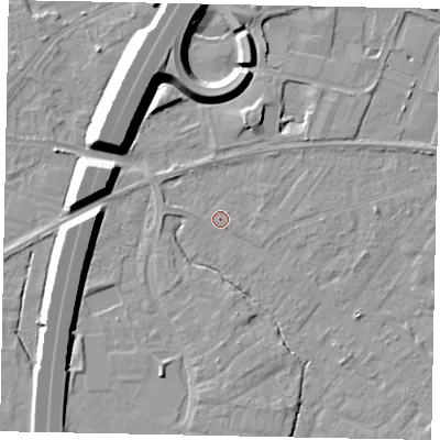 Shaded relief map of the ground around TW208AA, computed from Environment Agency LiDAR. The ground here sits at about 15 m above sea level and falls 12 m across the surrounding 800 m. Surface water reaching this point runs off ground lying to the west-north-west, 1.9 m higher.