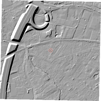 Shaded relief map of the ground around TW208AB, computed from Environment Agency LiDAR. The ground here sits at about 15 m above sea level and falls 12 m across the surrounding 800 m. Surface water reaching this point runs off ground lying to the east-south-east, 1.0 m higher.