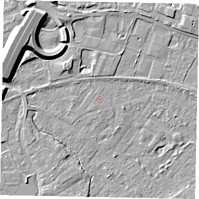 Shaded relief map of the ground around TW208AE, computed from Environment Agency LiDAR. The ground here sits at about 15 m above sea level and falls 12 m across the surrounding 800 m. Surface water reaching this point runs off ground lying to the south-west, 0.5 m higher.