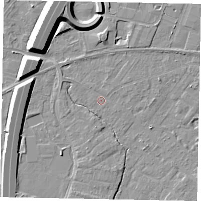 Shaded relief map of the ground around TW208AF, computed from Environment Agency LiDAR. The ground here sits at about 15 m above sea level and falls 12 m across the surrounding 800 m. Surface water reaching this point runs off ground lying to the north-north-east, 1.3 m higher.